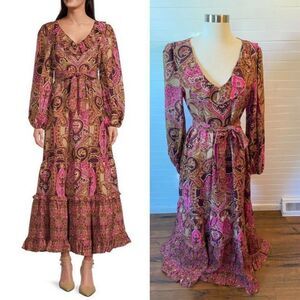 A Loves A Paisley Printed Long Sleeve V-Neck Ruffled Maxi Dress Size XSmall